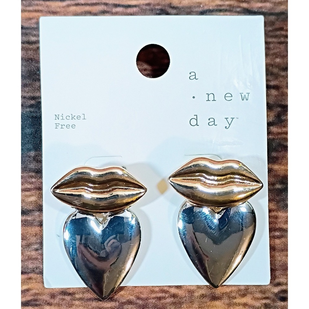 A New Day Mixed Metal Lip Heart Stud Earrings Gold Silver Tone Nickel Free NEW